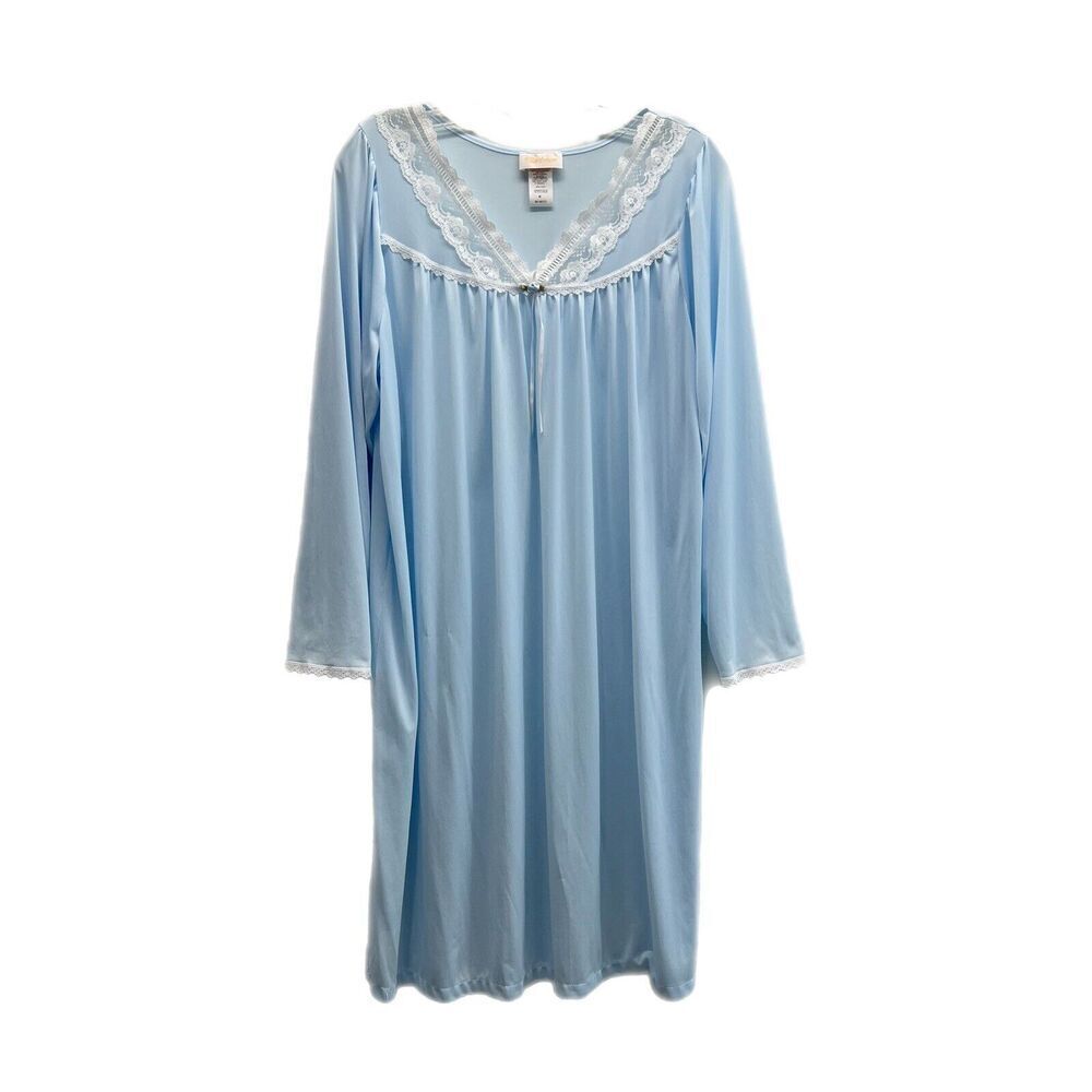 Vintage Barbizon Nightgown Medium Blue Lace Trim Embroidered Cottagecore